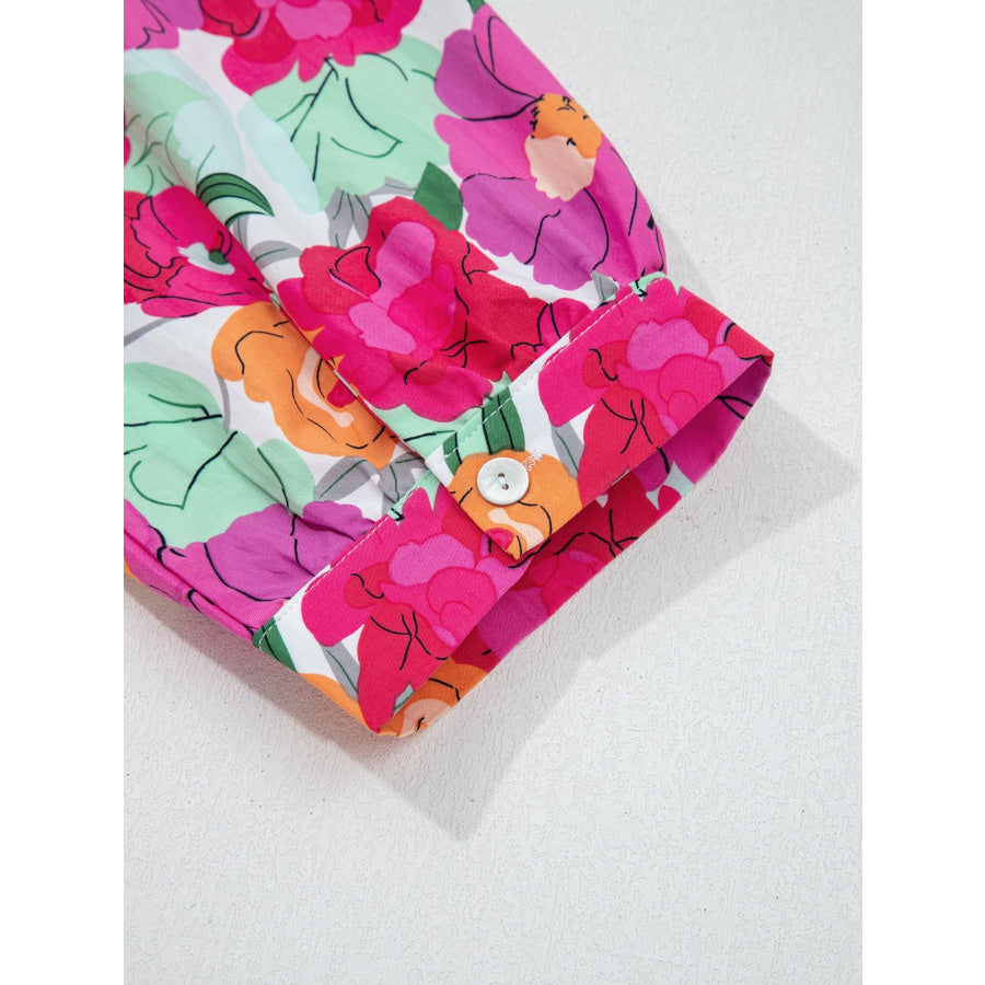 Vibrant Floral Print V Neck Zip Up Puffy Half Sleeve Dress Apparel and Accessories