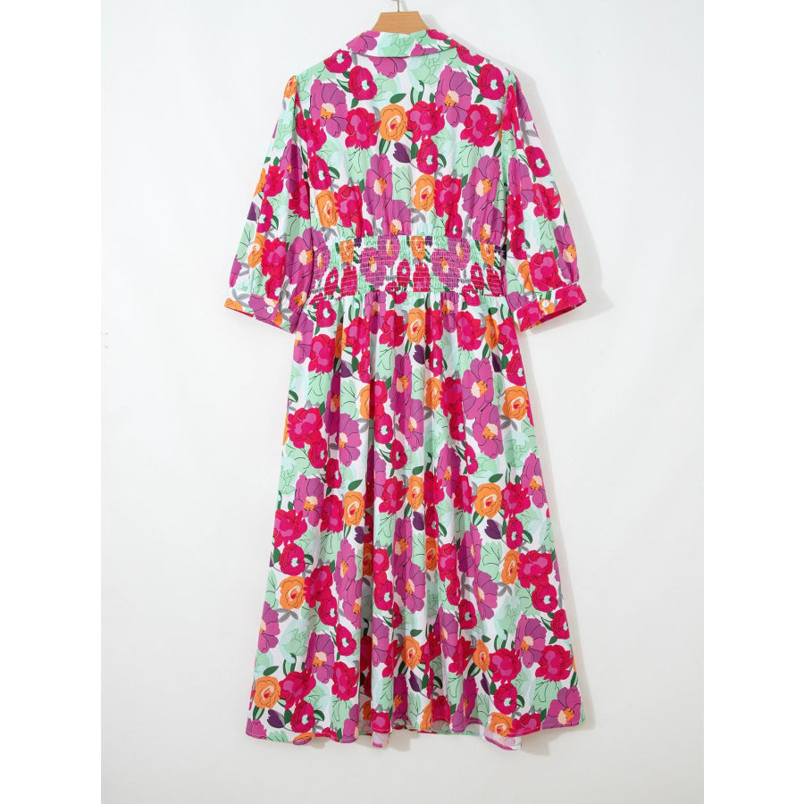 Vibrant Floral Print V Neck Zip Up Puffy Half Sleeve Dress Apparel and Accessories
