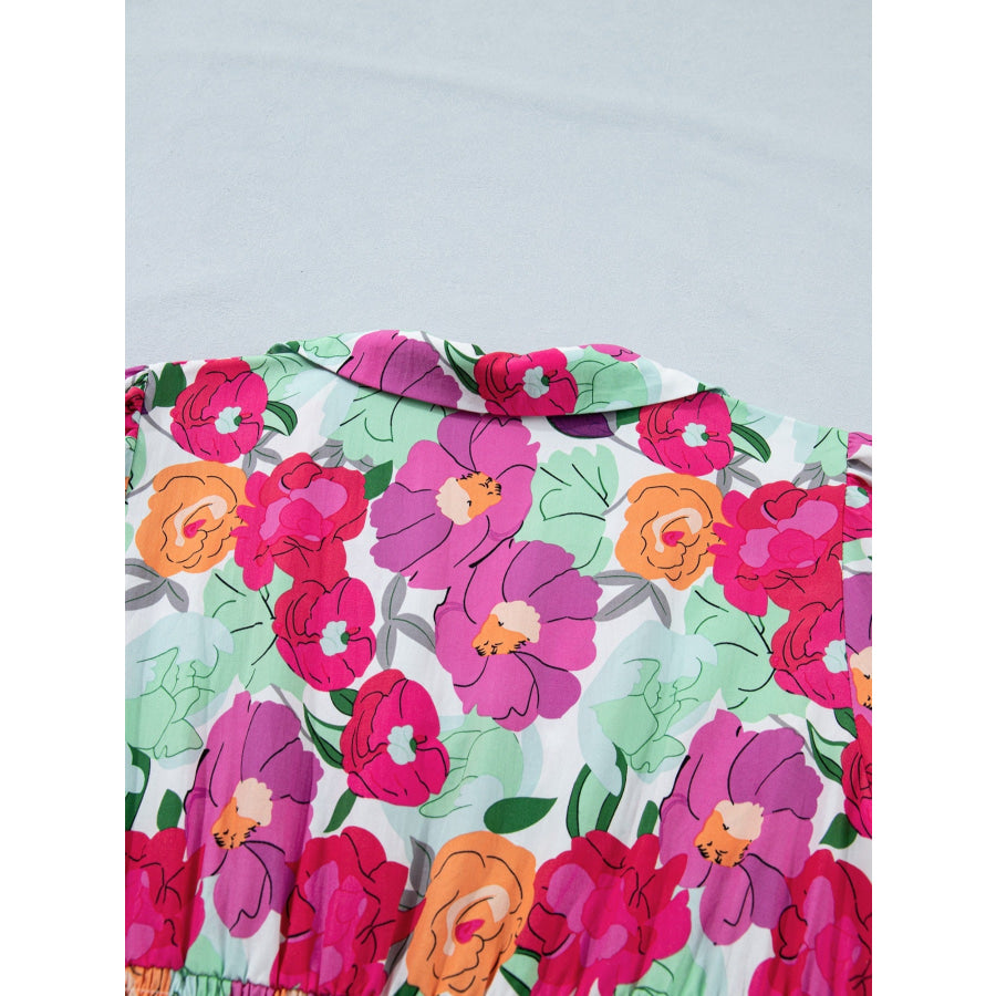 Vibrant Floral Print V Neck Zip Up Puffy Half Sleeve Dress Apparel and Accessories