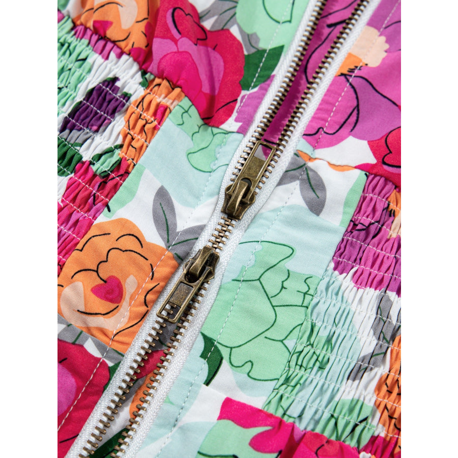 Vibrant Floral Print V Neck Zip Up Puffy Half Sleeve Dress Apparel and Accessories