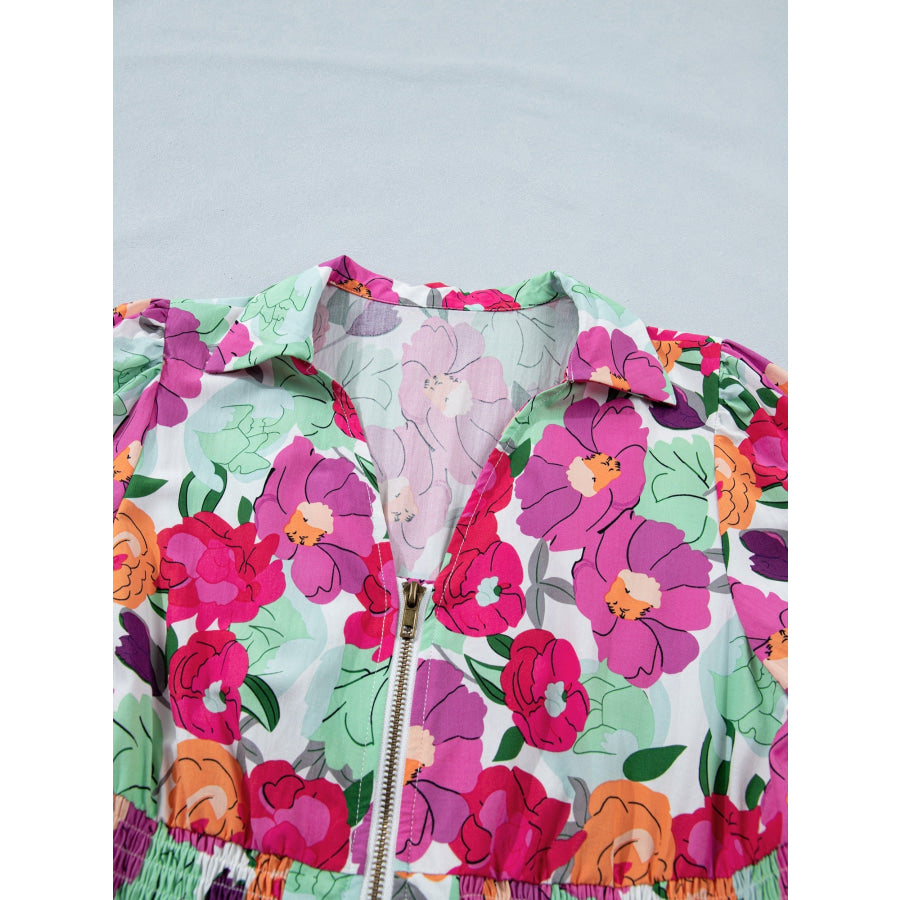 Vibrant Floral Print V Neck Zip Up Puffy Half Sleeve Dress Apparel and Accessories