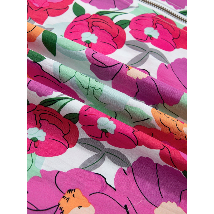 Vibrant Floral Print V Neck Zip Up Puffy Half Sleeve Dress Apparel and Accessories