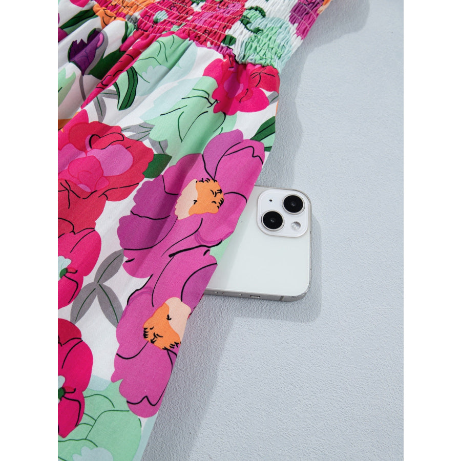 Vibrant Floral Print V Neck Zip Up Puffy Half Sleeve Dress Apparel and Accessories