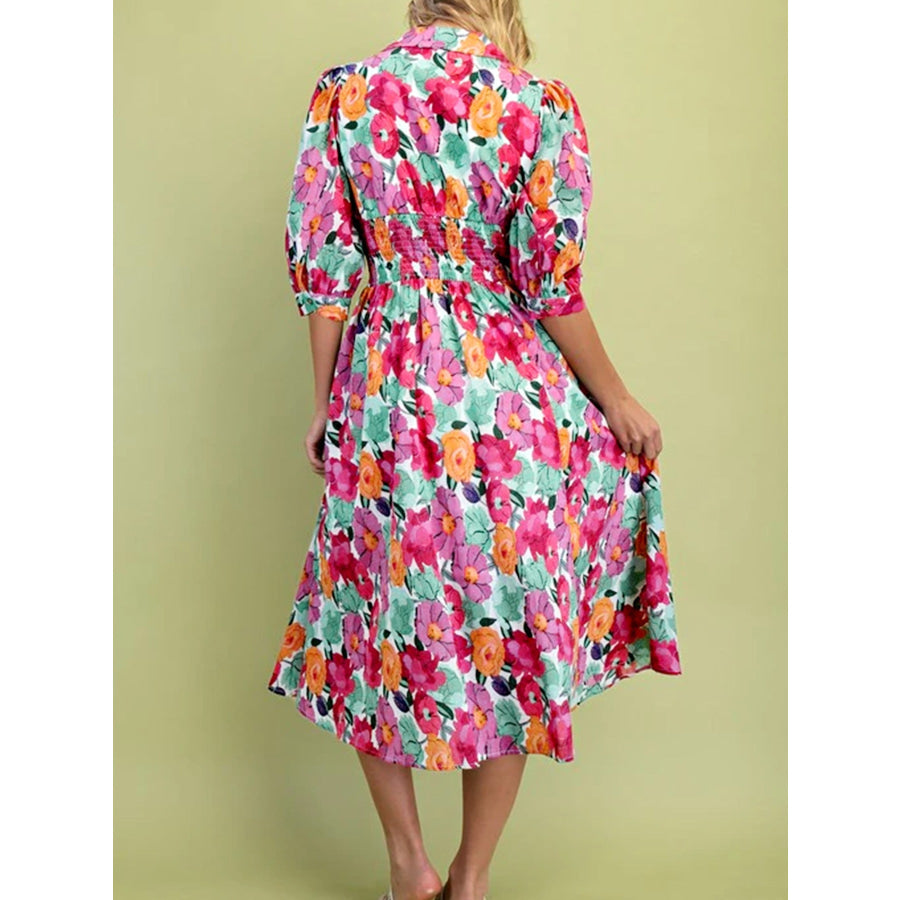 Vibrant Floral Print V Neck Zip Up Puffy Half Sleeve Dress Apparel and Accessories