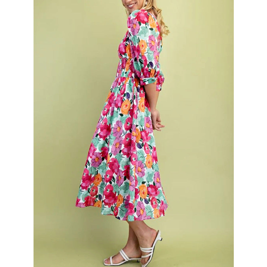 Vibrant Floral Print V Neck Zip Up Puffy Half Sleeve Dress Apparel and Accessories