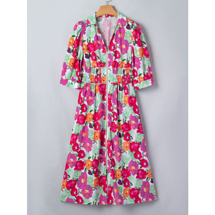 Vibrant Floral Print V Neck Zip Up Puffy Half Sleeve Dress Apparel and Accessories