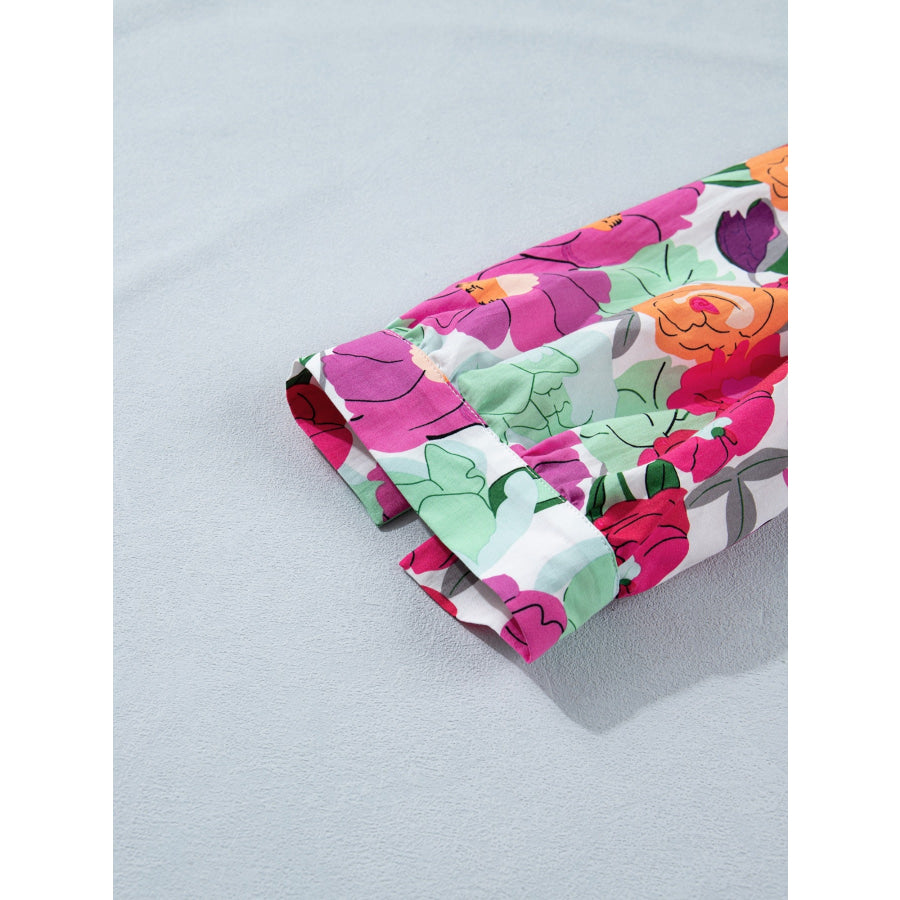 Vibrant Floral Print V Neck Zip Up Puffy Half Sleeve Dress Apparel and Accessories