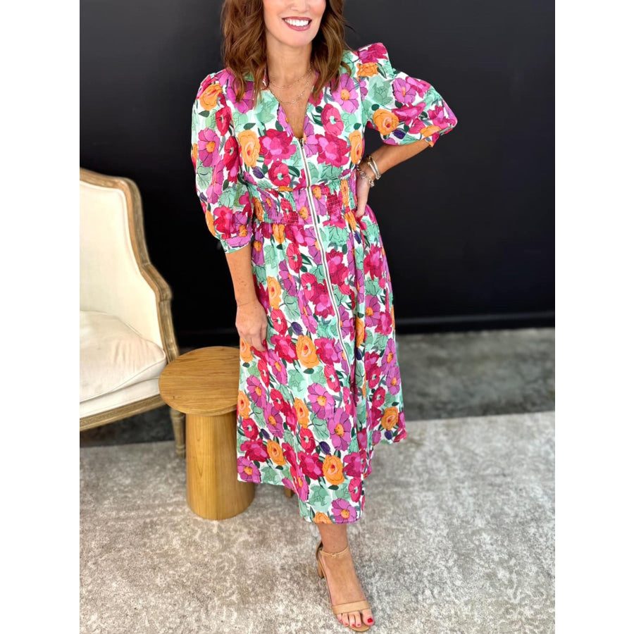 Vibrant Floral Print V Neck Zip Up Puffy Half Sleeve Dress Apparel and Accessories