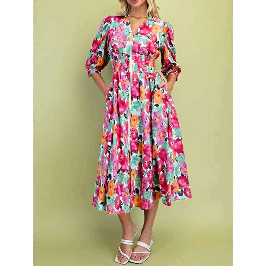 Vibrant Floral Print V Neck Zip Up Puffy Half Sleeve Dress Cerise / S Apparel and Accessories