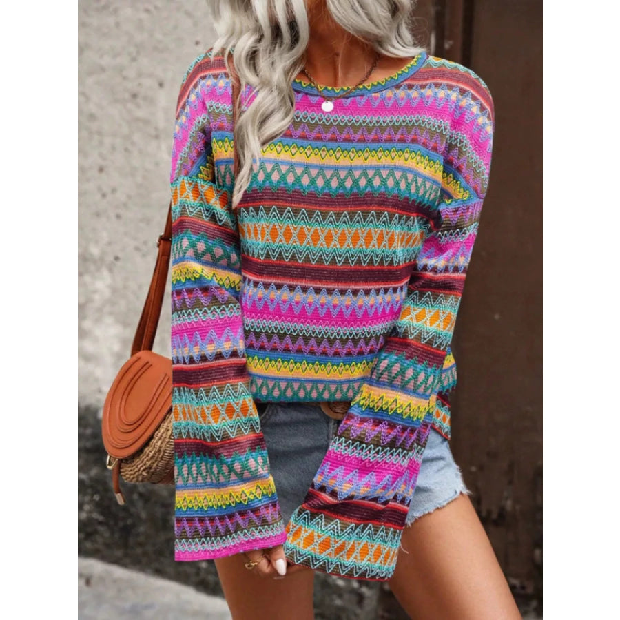 Vibrant Multi-Color Geometric Pattern Knit Top Purple-red / S