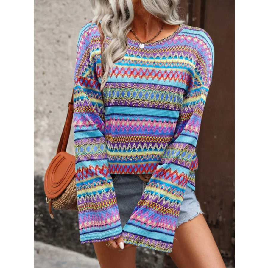 Vibrant Multi-Color Geometric Pattern Knit Top Purple / S