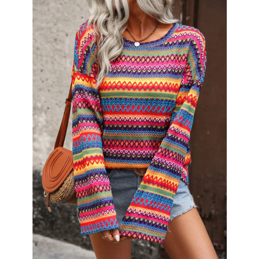 Vibrant Multi-Color Geometric Pattern Knit Top Red / S