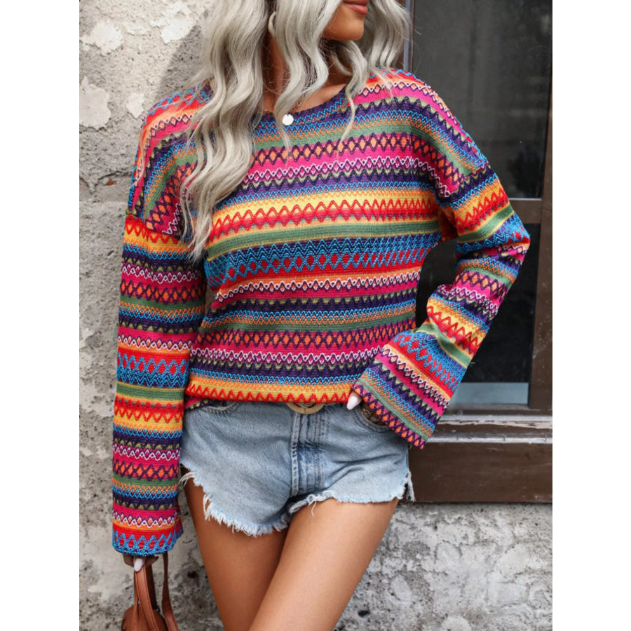 Vibrant Multi-Color Geometric Pattern Knit Top