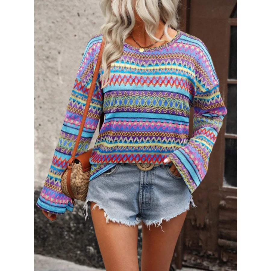 Vibrant Multi-Color Geometric Pattern Knit Top