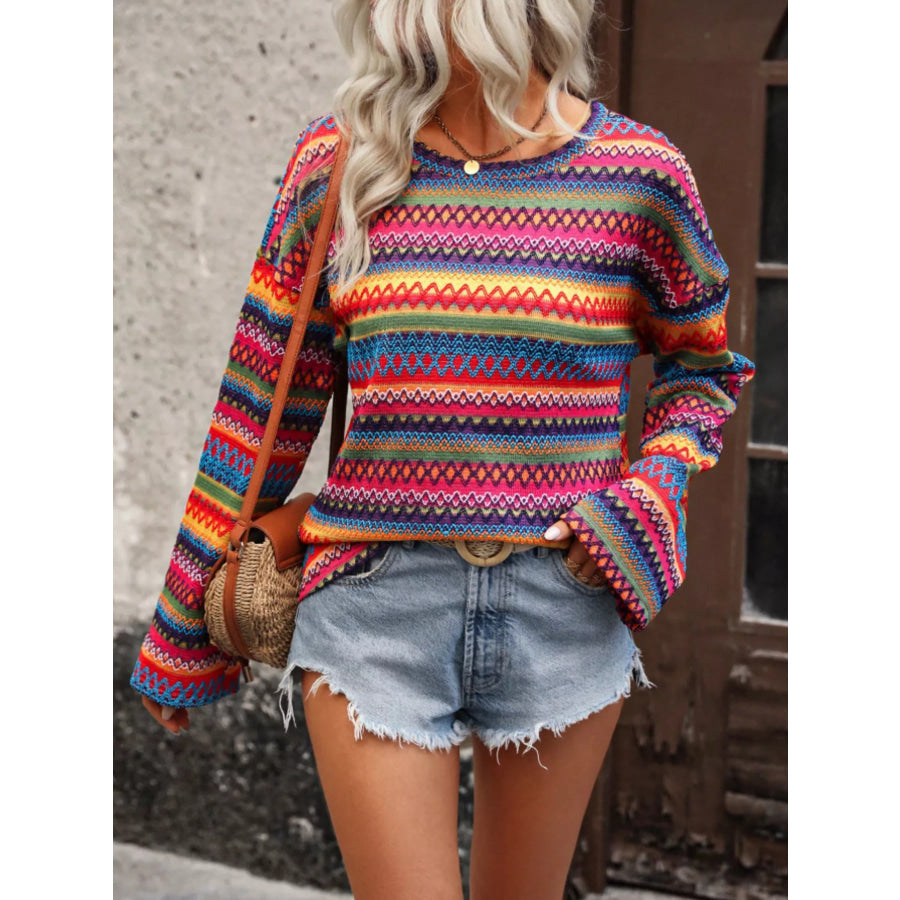 Vibrant Multi-Color Geometric Pattern Knit Top