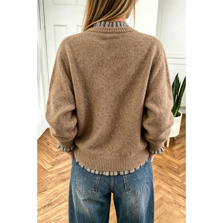 Vineyard Green Contrast Plaid Ruffle Trim Pullover Sweater Sweaters & Cardigans/Sweaters