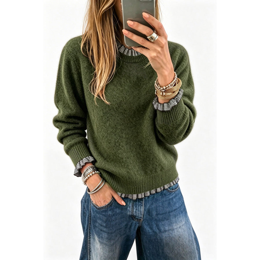 Vineyard Green Contrast Plaid Ruffle Trim Pullover Sweater Sweaters & Cardigans/Sweaters