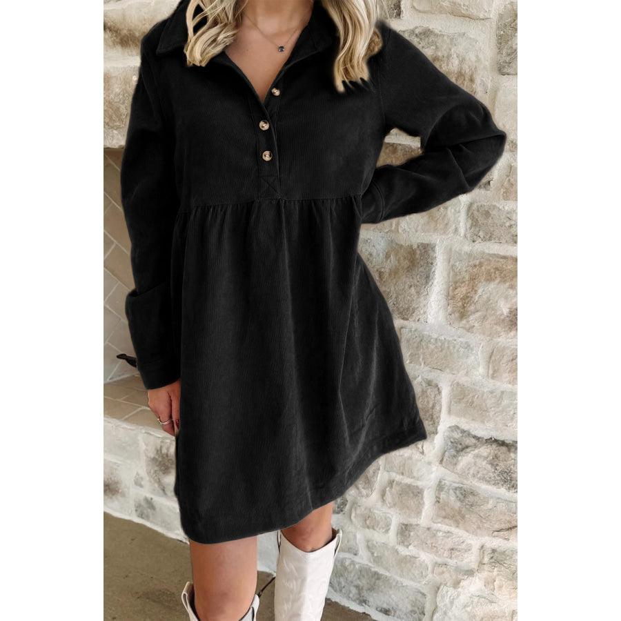 Vineyard Green Corduroy Half Button Collared Long Sleeve Mini Dress Black / S / 100% Polyester Dresses/Mini Dresses