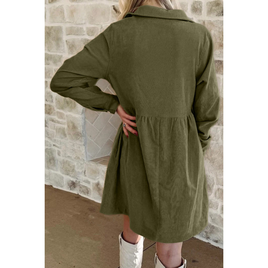 Vineyard Green Corduroy Half Button Collared Long Sleeve Mini Dress Dresses/Mini Dresses