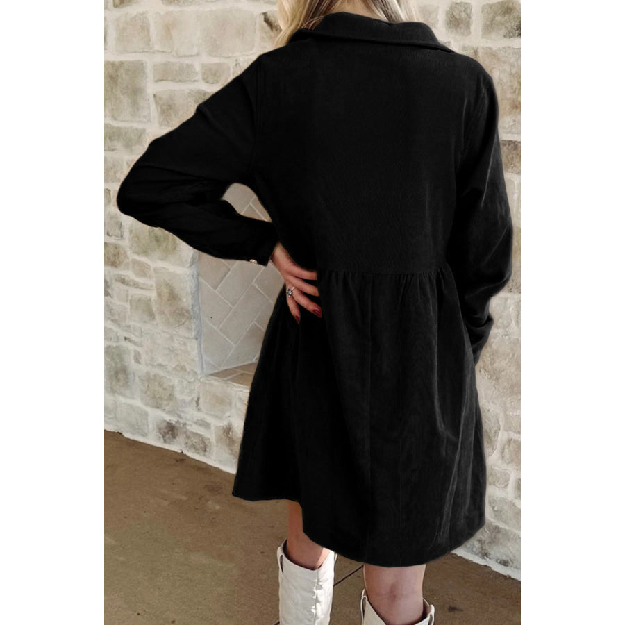 Vineyard Green Corduroy Half Button Collared Long Sleeve Mini Dress Dresses/Mini Dresses