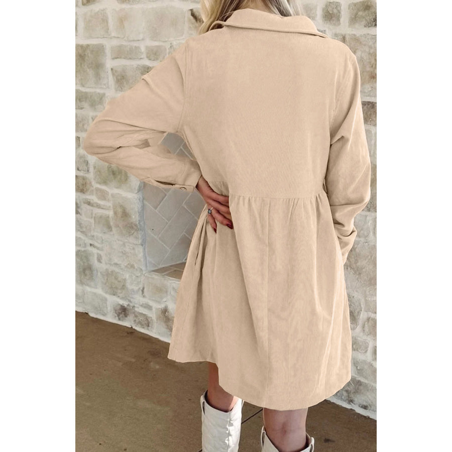 Vineyard Green Corduroy Half Button Collared Long Sleeve Mini Dress Dresses/Mini Dresses
