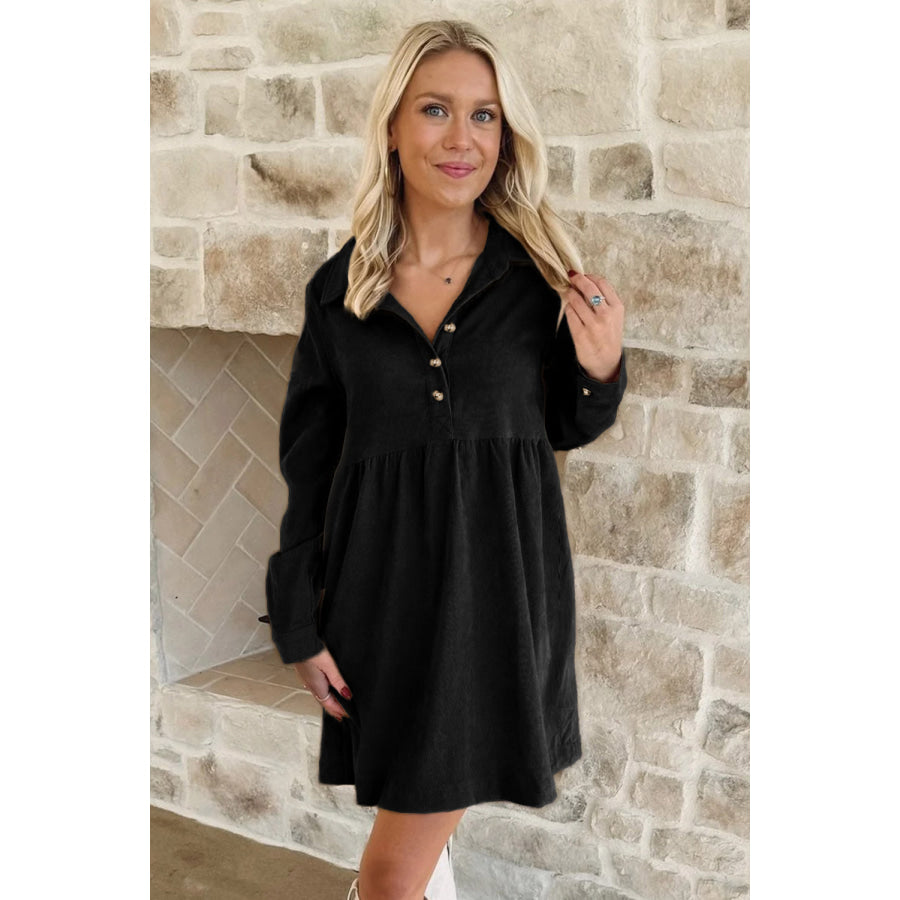 Vineyard Green Corduroy Half Button Collared Long Sleeve Mini Dress Dresses/Mini Dresses