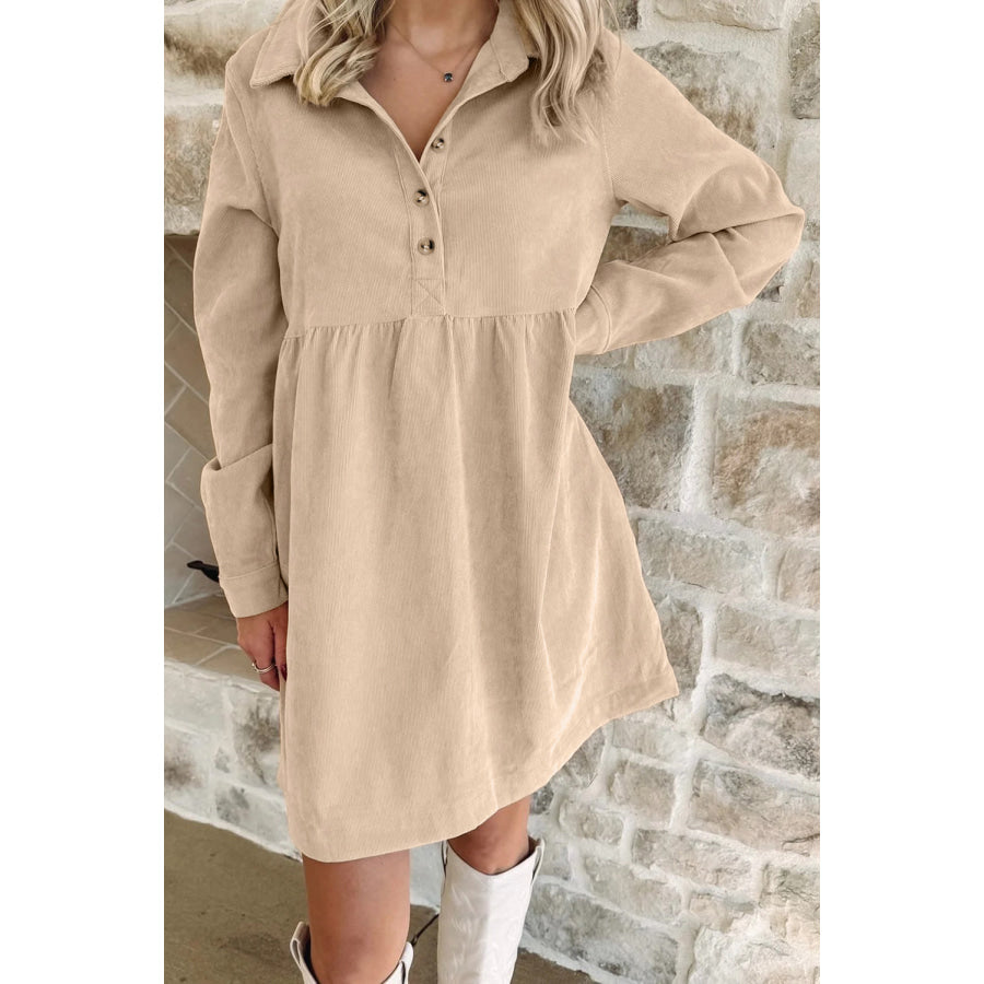 Vineyard Green Corduroy Half Button Collared Long Sleeve Mini Dress Oatmeal / S / 100% Polyester Dresses/Mini Dresses