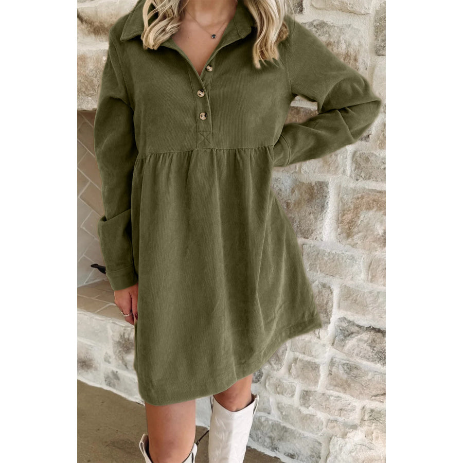 Vineyard Green Corduroy Half Button Collared Long Sleeve Mini Dress Vineyard Green / S / 100% Polyester Dresses/Mini Dresses