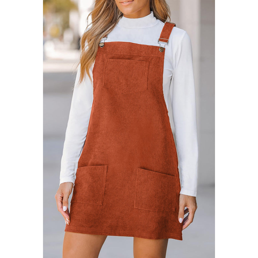 Vineyard Green Solid Front Pockets Sleeveless Corduroy Overall Dress Cinnamon / S / 100% Polyester Dresses/Mini Dresses