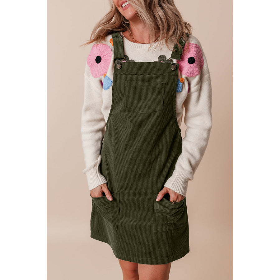 Vineyard Green Solid Front Pockets Sleeveless Corduroy Overall Dress Dresses/Mini Dresses