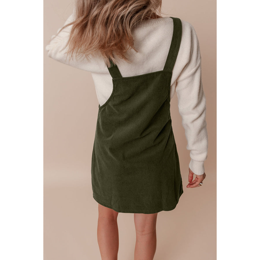 Vineyard Green Solid Front Pockets Sleeveless Corduroy Overall Dress Dresses/Mini Dresses