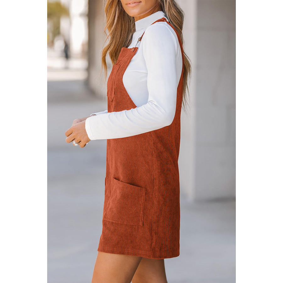 Vineyard Green Solid Front Pockets Sleeveless Corduroy Overall Dress Dresses/Mini Dresses