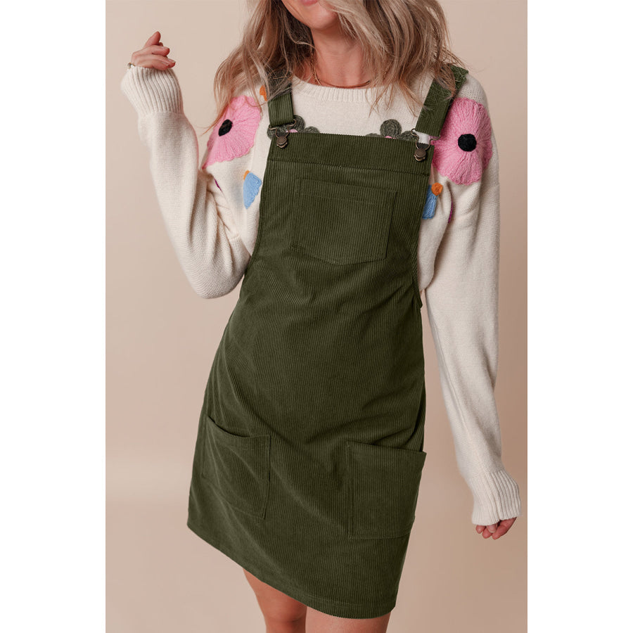 Vineyard Green Solid Front Pockets Sleeveless Corduroy Overall Dress Vineyard Green / S / 100% Polyester Dresses/Mini Dresses