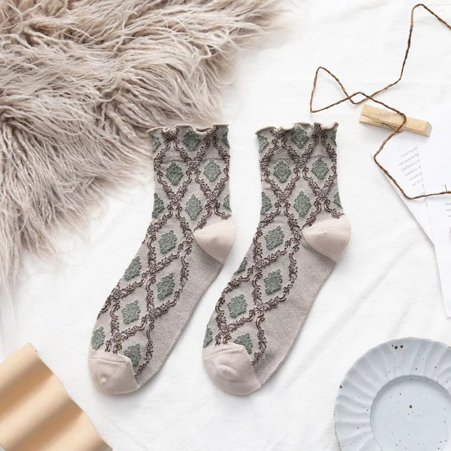 Vintage Argyle Pattern Crew Socks Khaki / One Size Apparel and Accessories