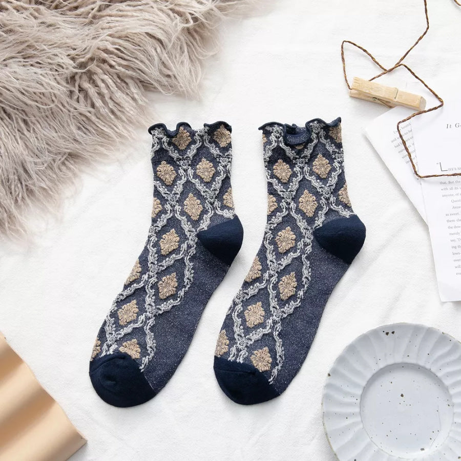 Vintage Argyle Pattern Crew Socks Navy Blue / One Size Apparel and Accessories