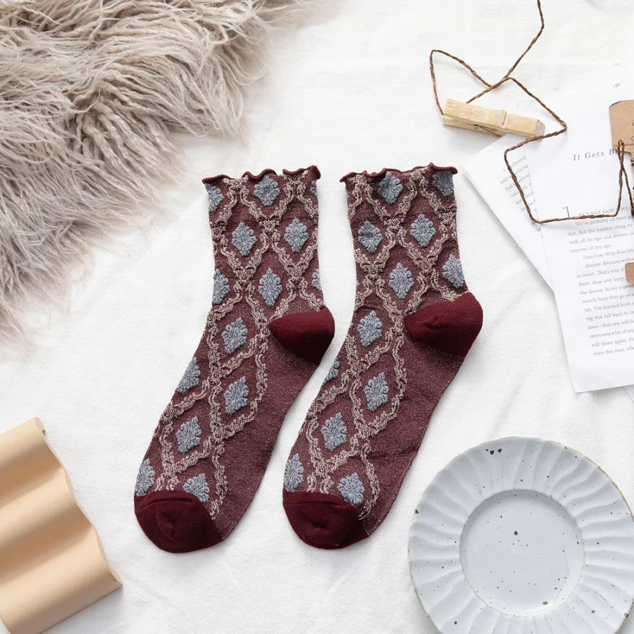 Vintage Argyle Pattern Crew Socks Wine Red / One Size Apparel and Accessories