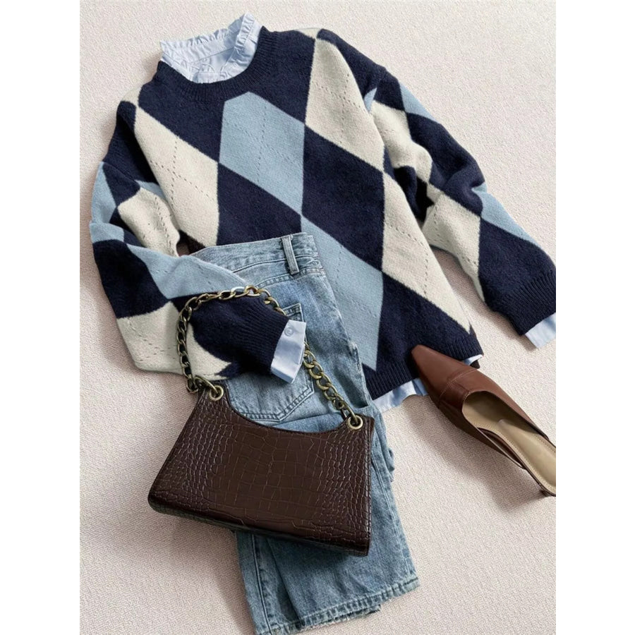 Vintage Argyle Round Neck Sweater Apparel and Accessories
