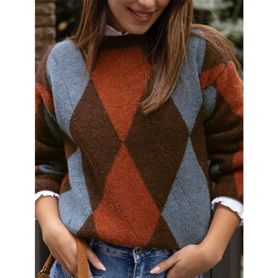 Vintage Argyle Round Neck Sweater Apparel and Accessories