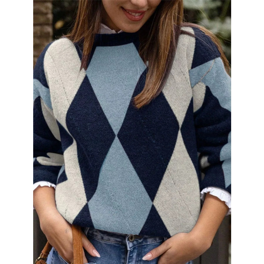 Vintage Argyle Round Neck Sweater Apparel and Accessories
