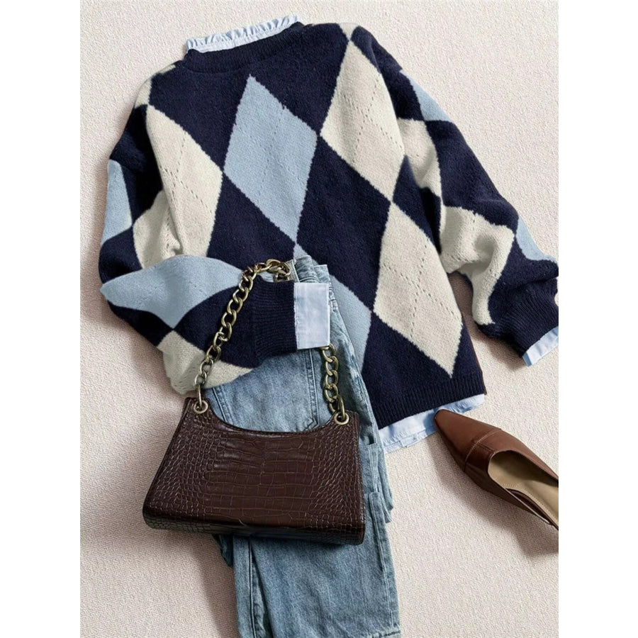 Vintage Argyle Round Neck Sweater Apparel and Accessories