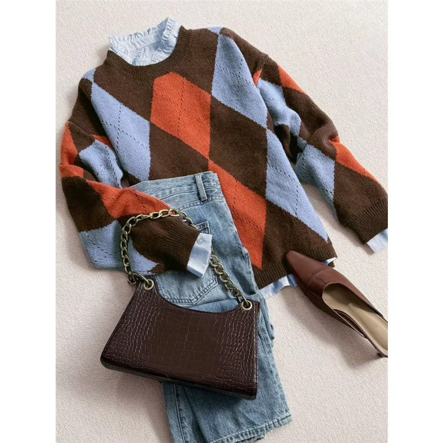 Vintage Argyle Round Neck Sweater Apparel and Accessories