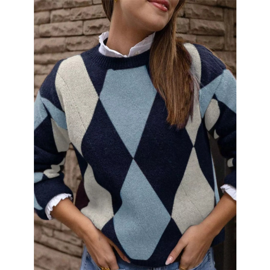 Vintage Argyle Round Neck Sweater Dusty Blue / S Apparel and Accessories
