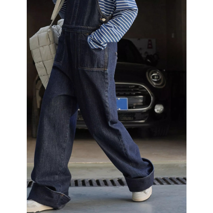 Vintage Dark Wash Wide-Leg Denim Overalls Apparel and Accessories