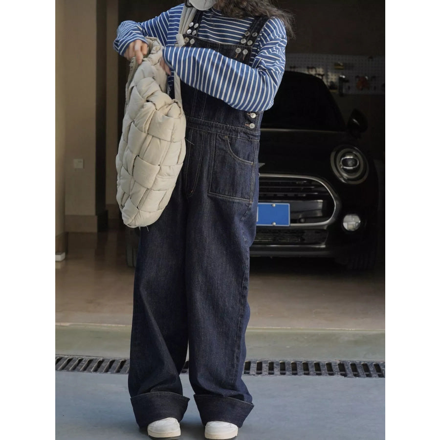 Vintage Dark Wash Wide-Leg Denim Overalls Apparel and Accessories
