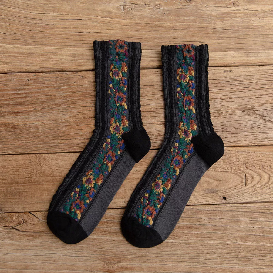 Vintage Floral Knit Crew Socks Black / One Size Apparel and Accessories