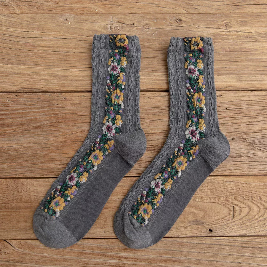 Vintage Floral Knit Crew Socks Dark Gray / One Size Apparel and Accessories