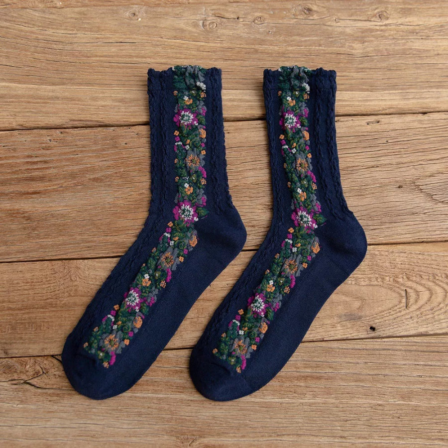 Vintage Floral Knit Crew Socks Navy Blue / One Size Apparel and Accessories