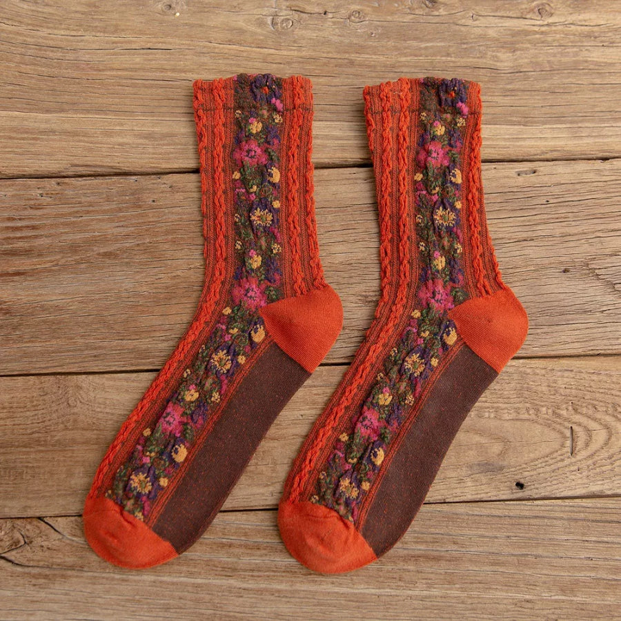 Vintage Floral Knit Crew Socks Orange / One Size Apparel and Accessories