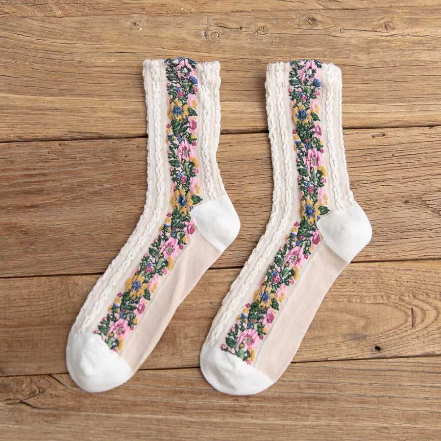 Vintage Floral Knit Crew Socks White / One Size Apparel and Accessories