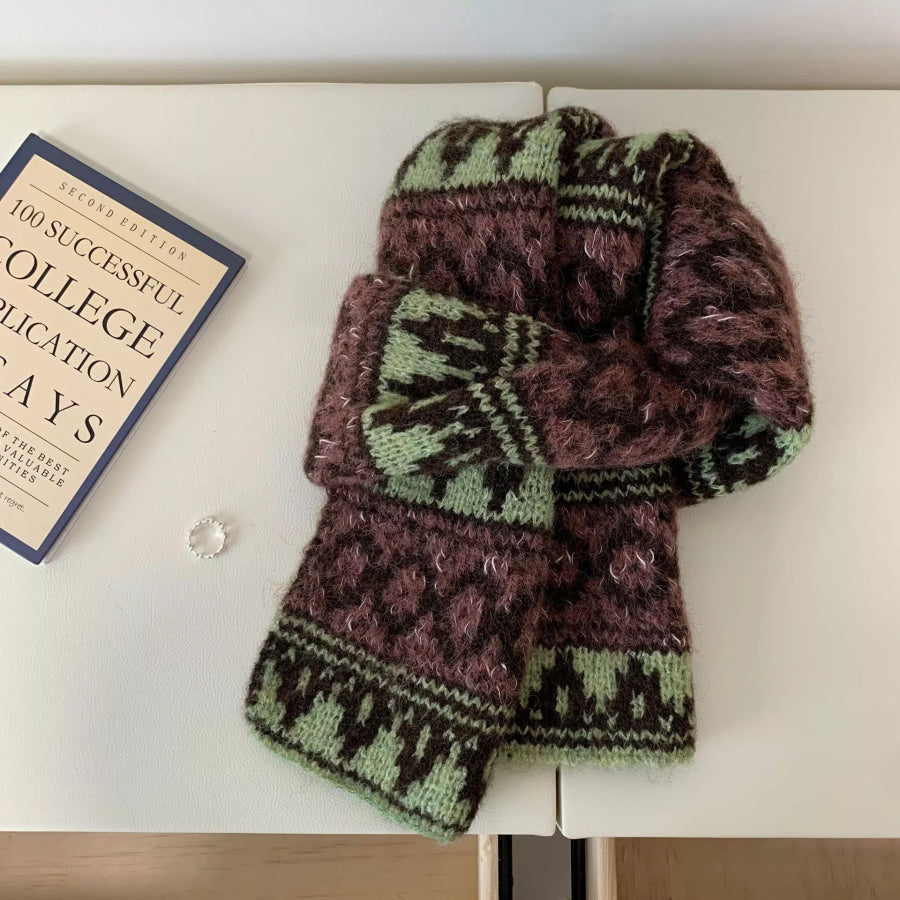 Vintage Knitted Pattern Warm Scarf Gum Leaf / One Size Apparel and Accessories